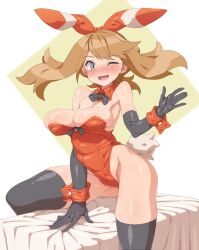 1girl animal_ears arm_support black_bow black_bowtie black_gloves black_thighhighs blue_eyes blush bow bow_hairband bowtie breasts brown_hair cleavage commentary_request detached_collar elbow_gloves feet_out_of_frame floating_hair gloves hair_ribbon hairband hand_up highres large_breasts leotard may_(pokemon) nintendo nose_blush one_eye_closed open_mouth playboy_bunny pokemon pokemon_oras rabbit_ears red_hairband red_ribbon revision ribbon smile solo tenako_(mugu77) thighhighs