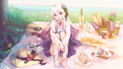 1girl acoustic_guitar ahoge ascot baguette bare_legs barefoot black_shoes blurry blurry_background blush book bottle bread bread_slice brooch cake cake_slice commentary_request cookie cup drinking_glass feet flower food fruit full_body gradient_hair guitar hair_between_eyes hair_flower hair_ornament hair_ribbon hat hat_flower head_tilt hugging_own_legs instrument jam jewelry knees_to_chest knife legs legs_together long_hair long_sleeves looking_at_viewer macaron multicolored_hair open_book open_mouth original outdoors pastry picnic picnic_basket pioko purple_eyes purple_hair purple_skirt ribbon sheet_music shirt shoes sidelocks signature sitting skirt smile soles solo sparkle straw_hat strawberry sun_hat sweets toes tree unworn_shoes white_hair white_shirt wide_sleeves wine_bottle wine_glass