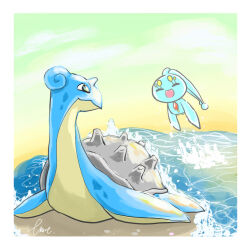 Rule 34 | beach, border, closed eyes, commentary request, eme ko, gen 1 pokemon, gen 4 pokemon, lapras, legendary pokemon, looking at another, manaphy, mythical pokemon, nintendo, no humans, ocean, one-hour drawing challenge, open mouth, outdoors, pokemon, pokemon (creature), sand, smile, water, white border