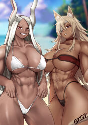Rule 34 | 2girls, abs, absurdres, adjusting clothes, adjusting panties, adjusting swimsuit, animal ear fluff, animal ears, arm at side, arm behind back, arm up, ass, bare arms, bare hips, bare legs, bare shoulders, bare stomach, barefoot, beach, belly, big hair, bikini, bikini pull, black bikini, black panties, blonde hair, blurry, blurry background, boku no hero academia, breasts, brown hair, cameltoe, cat ears, cat girl, cat tail, choker, cleavage, clothes pull, cloud, collarbone, crossover, curvy, dark-skinned female, dark skin, day, eyepatch, facial scar, female focus, ghislaine dedoldia, got ji (gojich1), grey hair, grin, hair between eyes, highleg, highleg bikini, highres, hip bones, hip focus, holding, holding cloth, holding unworn clothes, huge ass, huge breasts, large breasts, long hair, looking ahead, looking at viewer, looking down, messy hair, micro bikini, midriff, mirko, multiple girls, muscular, muscular arms, muscular female, muscular legs, mushoku tensei, navel, ocean, outdoors, palm tree, panties, panty pull, parted bangs, pink eyes, platinum hair, pulling, pulling at clothes, purple eyes, rabbit ears, rabbit girl, rabbit tail, raised eyebrow, red bikini, red choker, red eyes, sand, scar, scar on cheek, scar on face, scar on stomach, scared, sky, smile, spiked hair, straight hair, strapless, strapless bikini, string bikini, string panties, strong, strong woman, swimsuit, swimsuit tug, tail, tan, teeth, thick arms, thick thighs, thighs, thong, thong bikini, tomboy, toned, toned female, toned stomach, trait connection, tree, underboob, underwear, white bikini, white eyepatch, white hair, white panties, wide hips