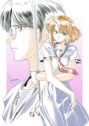 1980s_(style) 2girls absurdres androgynous artist_name black_hair blue_shirt blue_skirt brown_eyes brown_hair closed_mouth commentary_request cowboy_shot cross dated glasses gradient_background green_eyes highres holding holding_sword holding_weapon ikeda_rika letterboxed looking_at_viewer mimura_aiko multiple_girls neckerchief oldschool outside_border parted_lips pink_background pleated_skirt portrait profile red_neckerchief retro_artstyle reverse_trap school_uniform sei_michaela_gakuen_hyouryuuki shirt shirt_under_shirt short_hair signature skirt smile standing sword weapon white_shirt yoshinaga_masahiro