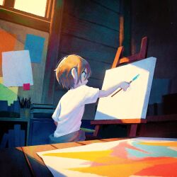 Rule 34 | 1girl, absurdres, brown hair, canvas (object), commentary, english commentary, hair between eyes, highres, holding, holding paintbrush, huion, indoors, kunitarou-art, light particles, original, paint, paint palette, paintbrush, painting (action), profile, shirt, short hair, short sleeves, solo, t-shirt, table, white shirt, window