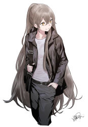 1girl absurdres alternate_costume bag belt black_jacket black_pants brown_hair closed_mouth cropped_legs female_focus girls&#039;_frontline hair_between_eyes hand_in_pocket highres jacket long_hair long_sleeves looking_to_the_side pants scar scar_across_eye scar_on_face shinoe_nun shirt simple_background solo ump45_(girls&#039;_frontline) very_long_hair white_background white_shirt yellow_eyes