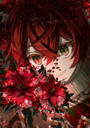 1girl absurdres blush christmas crossed_bangs fang flower green_eyes grin heterochromia highres holding holding_flower kika merry_christmas original poinsettia portrait red_hair rose short_hair slit_pupils smile solo sweater upper_body yellow_eyes
