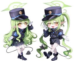 Rule 34 | 2girls, absurdres, armband, blue archive, blush, chibi, demon tail, gloves, green hair, halo, hat, highres, hikari (blue archive), long hair, long sleeves, looking at viewer, multiple girls, nozomi (blue archive), open mouth, pantyhose, peaked cap, pointy ears, sak (lemondisk), siblings, sisters, smile, tail, twins, white pantyhose, yellow eyes