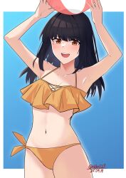 1girl ball beachball bikini black_hair blue_background breasts brown_eyes cowboy_shot dated frilled_bikini frills hayashio_(kancolle) highres kantai_collection koureikyou_kou long_hair mole mole_under_eye navel open_mouth orange_bikini small_breasts smile solo swimsuit twitter_username white_background