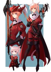 1girl :3 ahoge animal_ears black_footwear black_gloves boots braid capelet cat_ears cat_tail chibi coat_of_arms cropped_torso eyebrows_hidden_by_hair final_fantasy final_fantasy_xiv full_body gloves hat_feather head_tilt highres holding holding_weapon jacket knee_boots long_bangs looking_at_viewer miqo&#039;te multiple_views ojiki pants pink_hair ponytail puffy_sleeves rapier red_eyes red_headwear red_jacket red_mage_(final_fantasy) red_pants simple_background slit_pupils smile sword tail tongue tongue_out warrior_of_light_(ff14) weapon white_capelet
