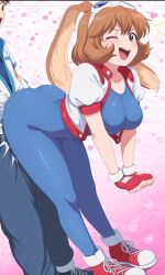 Rule 34 | 1boy, 1girl, animal ears, bent over, blue bodysuit, bodysuit, brown hair, butt bump, cropped jacket, fingerless gloves, from side, gloves, goggles, goggles on head, hearts background, highres, hip attack, jacket, leaning back, looking at viewer, makihara arina, multicolored shoes, one eye closed, open mouth, puffy short sleeves, puffy sleeves, rabbit ears, rabbit girl, red gloves, red shoes, red trim, shoes, short hair, short sleeves, simple background, smile, solo, swept bangs, teeth, turning head, two-tone shoes, upper teeth only, waku waku 7, white jacket, white sneakers