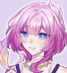 1girl bare_shoulders blue_eyes bra_strap cyrene_(honkai:_star_rail) grin highres honkai:_star_rail honkai_(series) jamie_(ye75667266) jewelry looking_at_viewer necklace pink_hair portrait purple_background short_hair simple_background smile solo