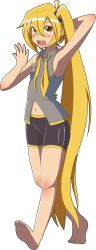 1girl absurdres akita_neru antenna_hair arm_behind_head arm_up armpits bare_arms bare_legs bare_shoulders barefoot bike_shorts black_shorts blonde_hair breasts collared_shirt commentary english_commentary full_body grey_shirt hair_between_eyes hand_up highres long_hair navel necktie open_mouth shirt shorts side_ponytail single_tear sleeveless sleeveless_shirt small_breasts smith_hioka solo teeth transparent_background undone_necktie upper_teeth_only very_long_hair vocaloid walking yawning yellow_eyes yellow_necktie
