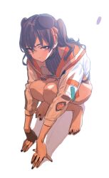 1girl barefoot black_hair black_nails brown_eyes fingerless_gloves gloves goshiki_suzu idolmaster idolmaster_cinderella_girls jacket leotard long_hair looking_at_viewer ribbed_leotard single_glove smile solo squatting sunazuka_akira toes twintails