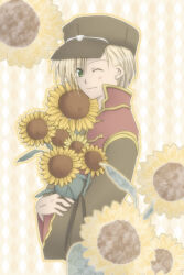 1boy argyle_background blonde_hair brown_coat brown_hat closed_mouth coat commentary_request dated_commentary flower gold_trim green_eyes hat holding holding_flower long_sleeves looking_at_viewer male_focus multicolored_coat newsboy_cap one_eye_closed priest_(ragnarok_online) ragnarok_online red_coat sharari short_hair smile solo sunflower two-tone_coat upper_body yellow_background yellow_flower