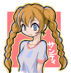 Rule 34 | 00s, 1girl, blouse, braid, character name, female focus, french braided twintails, grey shirt, haganemaru kennosuke, marshmallow times, oekaki, sandy (marshmallow times), shirt, solo, twin braids