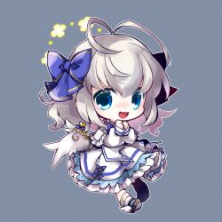 1girl angel_feather_alma antenna_hair blue_hair blue_ribbon boots chibi dress emil_chronicle_online frilled_dress frills grey_background hair_ornament hair_ribbon highres own_hands_clasped own_hands_together ribbon shino_(acidrain) white_boots white_dress white_hair white_wings wings