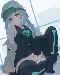 Rule 34 | 1boy, 1girl, absurdres, antonina (neural cloud), aqua hair, black hair, black tank top, black thighhighs, blush, breasts, censored, collarbone, cunnilingus, faceless, faceless male, full body, girls&#039; frontline, girls&#039; frontline neural cloud, hair between eyes, hat, headlock, hetero, highres, interlocked fingers, jacket, long hair, mosaic censoring, off shoulder, oral, parted lips, professor (neural cloud), ryunosuke nikaido, short hair, skull, small breasts, tank top, thighhighs, white hat, white jacket, yellow eyes