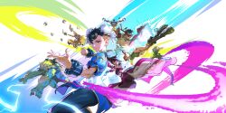 absurdres artist_request bastion_(overwatch) black_boots black_hair blanka blanka_(cosplay) boots brown_hair cammy_white cammy_white_(cosplay) capcom chun-li chun-li_(cosplay) colored_skin cosplay dhalsim dhalsim_(cosplay) double_bun feet fighting_stance green_leotard green_skin grin hair_bun han_juri han_juri_(cosplay) hanzo_(overwatch) highres juno_(overwatch) kicking kiriko_(overwatch) leotard m._bison m._bison_(cosplay) official_art sigma_(overwatch) simple_background smile soles street_fighter toes widowmaker_(overwatch) zenyatta_(overwatch)