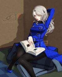 Rule 34 | 1girl, alternate hairstyle, arm behind head, belt, belt buckle, black pantyhose, blue belt, blue dress, blue shoes, book, buckle, closed mouth, commentary, dress, eightyfourart, fingernails, grey hair, highres, indoors, lips, lipstick, long hair, long sleeves, looking at viewer, makeup, margaret (persona), open book, pantyhose, patreon logo, patreon username, persona, persona 4, pink nails, red lips, shadow, shoes, sitting, smile, solo, wavy hair, yellow eyes