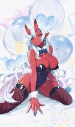 1girl akumi_(yoclesh) black_leotard blue_bow blue_bowtie blue_nails bow bowtie breasts colored_skin detached_collar earrings fishnet_thighhighs fishnets highres horns indie_virtual_youtuber jewelry large_breasts leotard long_hair parted_lips playboy_bunny pointy_ears red_skin scar scar_on_arm scar_on_chest scar_on_face sitting skin-covered_horns solo thighhighs very_long_hair virtual_youtuber white_hair yellow_eyes yoclesh