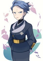 1girl arms_behind_back belt belt_buckle black_shirt blue_eyes blue_hair bright_pupils buckle closed_mouth commentary_request cyllene_(pokemon) highres jacket logo looking_at_viewer nintendo pokemon pokemon_legends:_arceus sasami_642 serious shirt short_hair skirt solo white_pupils