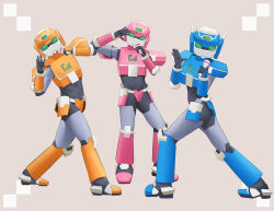 3girls armor artist_request black_bodysuit black_gloves blue_armor blue_boots blue_eyes blue_hair blue_helmet bodysuit boots braid braided_ponytail breasts brown_background brown_hair dancing girlfriend_(kari) glasses gloves hair_ornament hairclip helmet hino_kanae indoors kaito_mitsuko large_breasts long_hair medium_breasts microphone multiple_girls murakami_fumio music open_mouth pink_armor pink_boots pink_helmet red_eyes simple_background singing standing tagme twin_braids twintails yellow_armor yellow_boots yellow_helmet