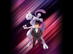 Rule 34 | 1boy, artist request, black hair, black jacket, black pants, black shoes, black suit, breast pocket, closed mouth, formal clothes, full body, gen 1 pokemon, giovanni (pokemon), grin, hands in pockets, highres, jacket, legendary pokemon, long sleeves, male focus, mewtwo, nintendo, official art, outstretched arm, pants, pocket, pokemon, pokemon (creature), pokemon frlg, pokemon tcg, purple eyes, second-party source, shirt, shoes, short hair, smile, standing, suit, team rocket, v-shaped eyes, very short hair, white shirt