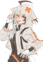 1girl :p ahoge blonde_hair brown_hair commentary_request cowboy_shot fingerless_gloves flat_color gigi_murin gloves h3liveh3 hand_on_own_hip hand_up hololive hololive_english hood hood_up hooded_jacket jacket korean_commentary long_sleeves looking_at_viewer multicolored_hair partially_colored pink_eyes short_hair simple_background sketch solo streaked_hair tongue tongue_out two-tone_hair unfinished virtual_youtuber white_background