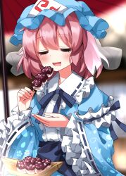 1girl :d blue_hat blue_kimono blue_ribbon blurry blurry_background blush commentary_request dango drooling food frilled_shirt_collar frilled_sleeves frills hat highres holding holding_food japanese_clothes kimono long_sleeves mob_cap mouth_drool neck_ribbon open_mouth pink_hair ribbon ribbon-trimmed_sleeves ribbon_trim ruu_(tksymkw) saigyouji_yuyuko short_hair smile solo touhou triangular_headpiece upper_body wagashi wide_sleeves
