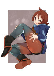 1girl absurdres arezu_(pokemon) blush boots brown_eyes brown_hair full_body gujira highres hood hoodie looking_at_viewer naughty_face nintendo open_mouth pantyhose pantyhose_under_shorts poke_ball pokemon pokemon_legends:_arceus short_hair shorts smile solo thighs tongue tongue_out
