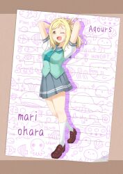 1girl alt_text arms_up blonde_hair braid breasts brown_shoes commentary_request crown_braid english_text full_body grey_sailor_collar grey_skirt hair_rings highres large_breasts loafers looking_at_viewer love_live! love_live!_sunshine!! matsurugi_tsukasa medium_hair miniskirt ohara_mari one_side_up pleated_skirt sailor_collar school_uniform shirt shoes short_sleeves single_hair_ring skirt socks solo summer_uniform uranohoshi_school_uniform white_shirt white_socks yellow_eyes