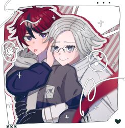 2boys ahoge aotsuki_eito arms_around_waist black_hair blue_eyes blush border closed_mouth glasses hair_between_eyes hand_up heart highres looking_at_viewer male_focus messy_hair multicolored_eyes multicolored_hair multiple_boys musical_note parted_hair red_background red_eyes red_hair striped_background sumino_takumi the_hundred_line_-last_defense_academy- tongue tongue_out upper_body white_background white_border white_hair yaoi