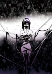 1girl bdsm bondage bound bound_arms bound_legs bound_shins chaos;child chaos;child:_children&#039;s_collapse collar convenient_censoring crossed_arms gagged greyscale kunosato_mio latex latex_thighhighs leash long_hair monochrome nude official_art onsinf2 science_adventure slave solo thighhighs