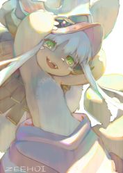 1other :d animal_ears arms_up artist_name day fangs furry gekichuu_youkai green_eyes hands_on_headwear head_tilt helmet highres long_hair looking_at_viewer made_in_abyss nanachi_(made_in_abyss) open_mouth pants pelt sidelocks simple_background smile solo topless_other whiskers white_background white_hair