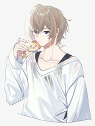 Rule 34 | 1boy, :d, afterimage, ahoge, artist name, blonde hair, blue eyes, closed eyes, collarbone, dog, fura kanato, hair between eyes, hand up, highres, kiironoko (fura kanato), long sleeves, male focus, motion lines, multicolored hair, musical note, nijisanji, on shoulder, open mouth, orange hair, parted lips, shirt, short hair, simple background, sleeves past wrists, smile, solo, speech bubble, spoken musical note, streaked hair, sugikichi, tail, tail wagging, upper body, virtual youtuber, wet, wet clothes, wet hair, wet shirt, white background, white shirt