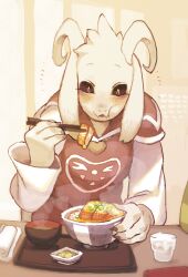 1boy animal_ears asriel_dreemurr black_capelet black_nails black_sclera body_fur bowl capelet chopsticks colored_sclera cup drinking_glass eating fangs floppy_ears food furry furry_male goat_boy goat_ears goat_horns heart_pendant holding holding_chopsticks horns long_sleeves male_focus rikose robe solo soup tray undertale upper_body white_fur white_robe yellow_eyes