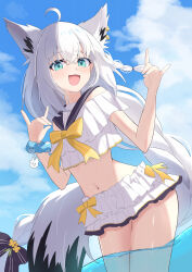 1girl absurdres ahoge alternate_costume animal_ear_fluff animal_ear_piercing animal_ears aqua_eyes bikini blush braid double_fox_shadow_puppet fox_ears fox_girl fox_shadow_puppet fox_tail frilled_bikini frilled_bikini_top frills hair_between_eyes highres hololive long_hair navel open_mouth shirakami_fubuki smile solo stomach swimsuit tail u_kome very_long_hair virtual_youtuber white_bikini white_hair