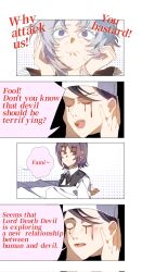 3girls black_dress black_hair blood bloody_tears chainsaw_man chef_hat closed_eyes disembodied_head dress english_text falling_devil_(chainsaw_man) fami_(chainsaw_man) flat_top_chef_hat grey_eyes grey_hair hat highres holding_detached_head light_blush multiple_girls open_mouth pinafore_dress purple_hair ringed_eyes shirt sleeveless sleeveless_dress speech_bubble sweat white_haired_girl_(chainsaw_man) white_shirt yijiao_wuran