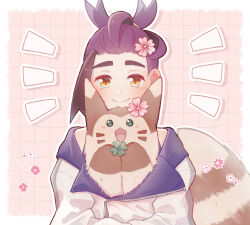1boy black_hair blush closed_mouth commentary_request flower flower_symbol furret gen_2_pokemon grid_background hair_flower hair_ornament happy inside_clothes jacket kieran_(pokemon) maccha_pamocute male_focus multicolored_hair nintendo outline pink_flower pokemon pokemon_(creature) pokemon_sv purple_hair smile two-tone_hair white_jacket yellow_eyes zipper zipper_pull_tab