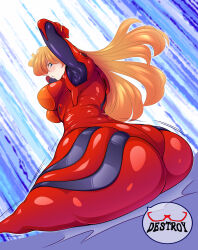 1girl :o alternate_breast_size armpits armpits_through_clothes arms_up ass ass_focus ass_press blue_eyes blush bodysuit bouncing_ass broken_glasses brown_hair curvy emphasis_lines falling female_focus from_below glasses huge_ass inconvenient_ass long_hair looking_at_viewer looking_back mecha_pilot_suit neon_genesis_evangelion pixiv1478062 plugsuit_(evangelion) red_bodysuit shiny_clothes skin_tight solo souryuu_asuka_langley thick_thighs thighs two_side_up wide_hips