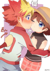 !! 1boy 1girl absurdres artist_name blonde_hair blue_eyes blush brown_hair hand_on_own_chest haruka_(saru_getchu) heart highres jacket japanese_text kakeru_(saru_getchu) kissing_cheek one_eye_closed pants pipo_monkey pointy_hair pushing red_hair saru_getchu short_hair skirt sony traditional_media translated