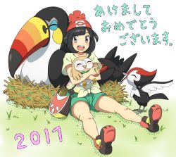 1girl 2017 :d ^_^ akeome bag bare_arms bare_legs beak beanie belt bird bird_wings black_hair blush bob_cut brown_belt carrying closed_eyes collarbone creatures_(company) crossed_arms evolutionary_line feathered_wings feathers floral_print full_body game_freak gen_7_pokemon grass green_shorts grey_eyes handbag happy_new_year hat holding looking_at_viewer nest new_year nintendo open_mouth owl parted_bangs pikipek pokemon pokemon_(creature) pokemon_sm red_hat rowlet selene_(pokemon) shirt shoes short_hair short_sleeves shorts simple_background sitting smile sneakers strap talons teeth text_focus tongue toucan toucannon translation_request white_background wings woodpecker yellow_shirt you_(maumauyo)