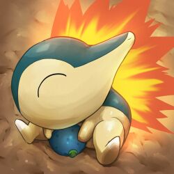 Rule 34 | absurdres, berry (pokemon), blue fur, cyndaquil, fire, gen 2 pokemon, highres, nintendo, no humans, oran berry, pokemon, pokemon (creature), sitting, solo, spicyichizo, two-tone fur, yellow fur