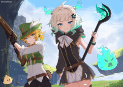 2girls ahoge alternate_costume aqua_hair artist_name belt belt_pouch black_gloves blonde_hair blue_eyes blue_sky blunt_bangs cloud commentary cowboy_shot day dokibird_(vtuber) dragoon_(dokibird) gloves gradient_hair green_eyes gun hair_ornament hairclip hashtag-only_commentary hat hat_feather highres holding holding_gun holding_staff holding_weapon indie_virtual_youtuber lendivere looking_at_viewer medium_hair mint_fantome multicolored_hair multiple_girls outdoors ponytail pouch rifle shirt short_hair short_ponytail single_bare_arm single_sleeve skull_hair_ornament sky sleeves_rolled_up staff thighhighs twitter_username virtual_youtuber weapon white_hair white_shirt wisps_(mint_fantome) zettai_ryouiki