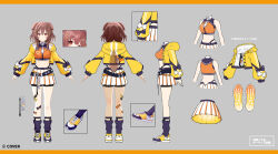 Rule 34 | 1girl, a-pose, animal ears, bandaid, bandaid on leg, belt, black belt, black leg warmers, braid, brown eyes, brown hair, copyright name, crop top, cropped jacket, dog ears, dog girl, dog tail, double-parted bangs, hair between eyes, hair ornament, hairclip, hololive, hololive gamers fes outfit, hood, hood down, inugami korone, jacket, leg warmers, low twin braids, medium hair, multiple views, necktie, official alternate costume, official art, orange shirt, pleated skirt, reference sheet, saine, shirt, shoes, skirt, sleeveless, sleeveless shirt, sneakers, tag, tail, turnaround, twin braids, virtual youtuber, white necktie, white skirt, x hair ornament, yellow jacket, yellow shoes