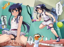 1boy 1girl absurdres ball bar_censor black_hair black_panties blue_eyes blush breasts censored closed_eyes collared_shirt covered_erect_nipples cowgirl_position cum cum_in_pussy frilled_skirt frills girl_on_top hat hetero highres holding holding_racket idolmaster idolmaster_million_live! idolmaster_million_live!_theater_days kim_da-yoon mogami_shizuka motion_lines open_mouth p-head_producer panties ponytail pov pov_crotch producer_(idolmaster) racket sex sex_toy shirt skirt sleeveless speech_bubble sportswear straddling tennis tennis_ball tennis_court tennis_net tennis_racket tennis_uniform thought_bubble translation_request underwear vibrator white_hat white_shirt