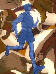 1boy belt black_eyes blue_hair blue_shorts blue_skirt blue_vest coat color_contrast empty_eyes glowing highres holding holding_knife imminent_stabbing kim_dokja knife limited_palette macaronijail multiple_views no_hands oldest_dream omniscient_reader&#039;s_viewpoint open_clothes open_coat running shorts skirt slouching vest