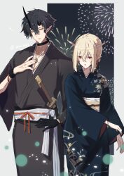 Rule 34 | 1boy, 1girl, absurdres, aerial fireworks, alternate costume, arknights, black gloves, black hair, black nails, demon boy, demon horns, fireworks, flamebringer (arknights), gloves, highres, horns, infection monitor (arknights), japanese clothes, kimono, material growth, obi, pointy ears, print kimono, red eyes, sash, shining (arknights), short hair, single glove, single horn, sword, weapon, wn (wani-noko), yellow eyes, yukata
