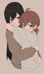 Rule 34 | 2girls, ahoge, black hair, blush, brown background, brown eyes, brown hair, brown sweater, commentary, highres, hug, koito yuu, lie lack1080, long hair, low twintails, multiple girls, nanami touko, open mouth, shirt, short hair, short sleeves, short twintails, simple background, sweat, sweater, twintails, white shirt, yagate kimi ni naru, yuri