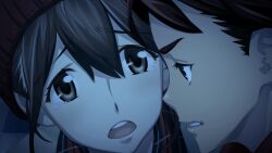 1boy 1girl beanie brown_eyes brown_hair brown_shorts cardigan clenched_teeth crying crying_with_eyes_open dim_lighting fukuda_tomonori game_cg green_shirt hair_between_eyes hat highres looking_at_another non-web_source official_art open_mouth parted_lips plaid_clothes plaid_shirt red_eyes red_hair red_hat red_shirt robotics;notes senomiya_akiho shiny_eyes shiny_lips shirt shorts tearing_up tears teeth tongue upper_teeth_only wide-eyed winter_clothes worried yashio_kaito yellow_cardigan
