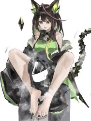 1boy 1girl absurdres arknights barefoot black_hair doctor_(arknights) feet green_eyes highres long_hair mon3tr_(arknights) open_mouth steam tiansuo_haoer toes