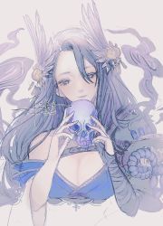 1girl absurdres bandaged_arm bandages blue_eyes blue_hair breasts cleavage closed_mouth hair_ornament highres holding holding_skull japanese_clothes kaguya_(sinoalice) kimono large_breasts long_hair looking_at_viewer senryoko simple_background sinoalice sketch skull smile smoke solo white_background
